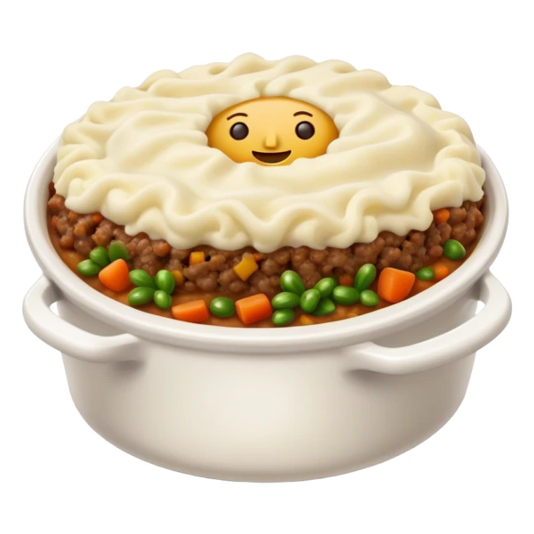Cinematic Realistic Shepherd's Pie Dish Emoji, depicted with rich, savory minced lamb and vegetable filling topped with creamy mashed potatoes, rendered with exquisite detail and natural warm lighting that highlights its homestyle appeal. sticker