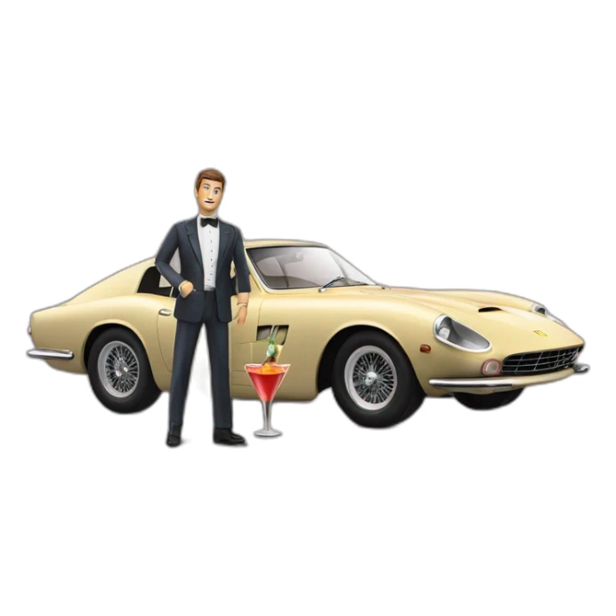 2 guys with cocktails in their handik front of a ferrari type 412 sticker