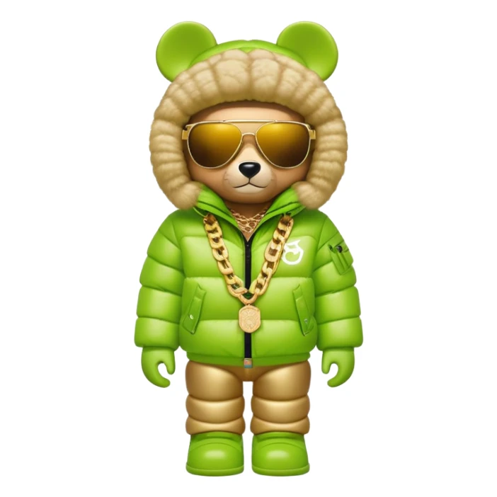classic bearbrick wearing lime green mask with logo tags, oversized puffy down jacket with lavish fur hood, single-lens visor sunglasses, stacked gold chains, streetwear fashion icon sticker