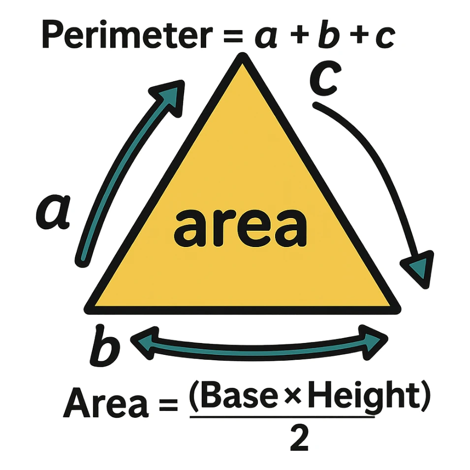 Add text labels: Perimeter = a + b + c, Area = (Base × Height) ÷ 2. Place the labels near the triangle and shaded region, suitable for grade 4. Keep the background transparent. sticker