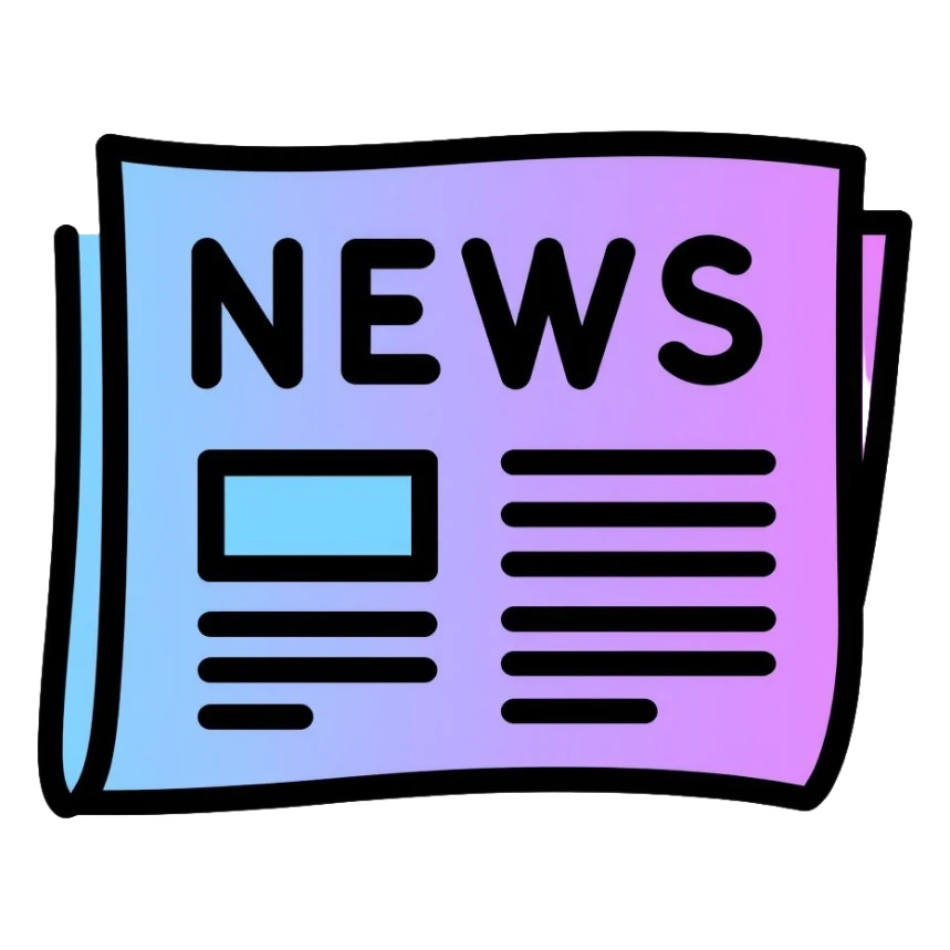 newspaper with headlines and neon glow effect, blue neon glow on top left, purple neon glow on bottom right sticker