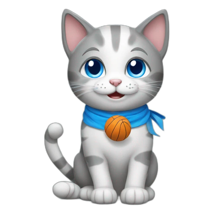 a happy gray cat with blue eyes and a volleyball sticker