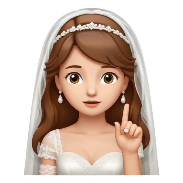 brown-haired bride in a white wedding dress and veil, curious expression, pointing to her head with her index finger, cute emoji style. sticker