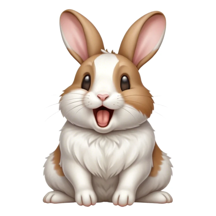 Cinematic Cute Yawning White and Brown Rabbit Portrait Emoji, Head tilted slightly with a dramatic, wide-open yawn, showcasing a soft, patterned fur with crisp white and warm brown patches, floppy ears slightly drooping, round eyes barely open in drowsy contentment, Simplified yet irresistibly adorable features, highly detailed, glowing with a soft, cozy glow, high shine, relaxed yet expressive, stylized with a touch of whimsy, bright and endearing, soft glowing outline, capturing the essence of a sleepy yet affectionate bunny, so drowsy it feels like it could stretch out of the screen and curl up for a nap! sticker