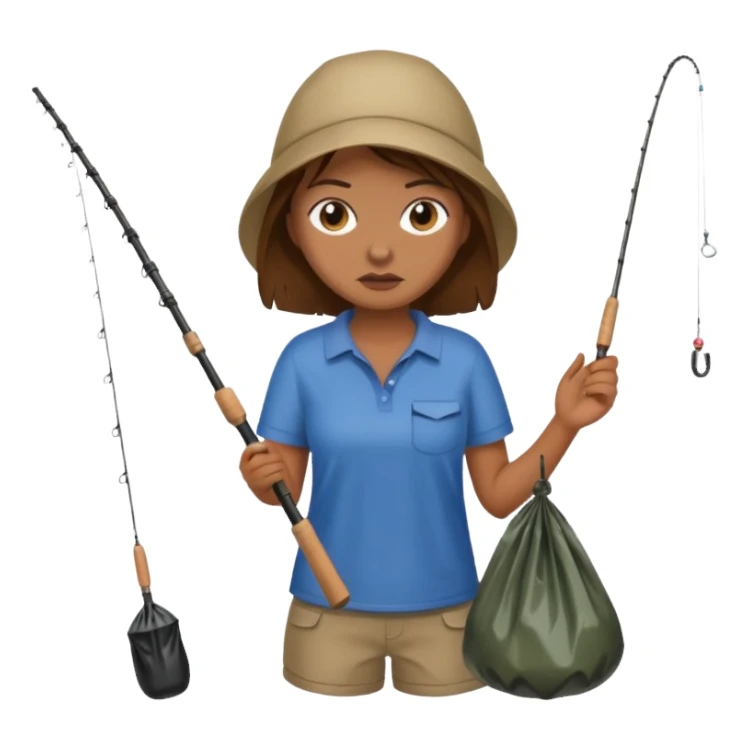 girl fishing, caught trash bag on rod sticker