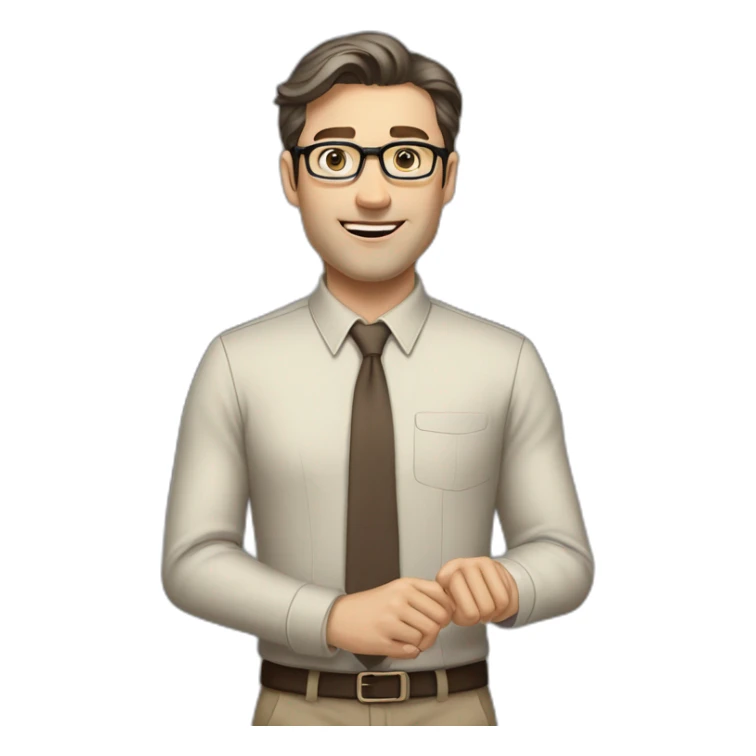 Full height Actively Gesturing Pale skinned fit man with dark brown hair in gray jacket, beige office shirt, brown tie, brown pants and vintage glasses. sticker
