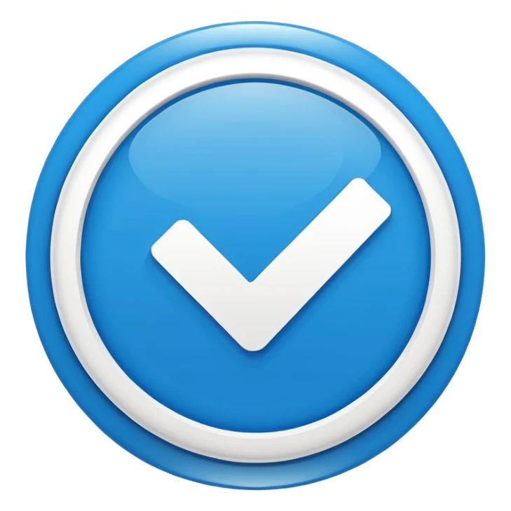 Blue verification badge icon, minimal flat design, bright blue circle with white check mark in center, social media verified style, high contrast, simple emoji style, transparent background sticker