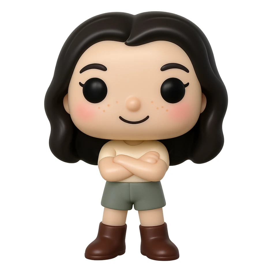 Create a Funko Pop style vinyl figure inspired by the reference image. The figure should have a cream-colored top, grey bottoms, dark brown boots, arms crossed, slightly rosy cheeks, very light freckles, a mischievous and cheerful expression, and dark hair. The background should be transparent. No accessories included. sticker