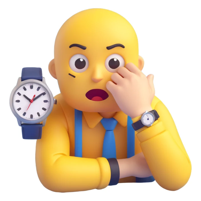 A yellow emoji face with a worried expression, looking at a wristwatch with raised eyebrows, showing urgency and stress sticker