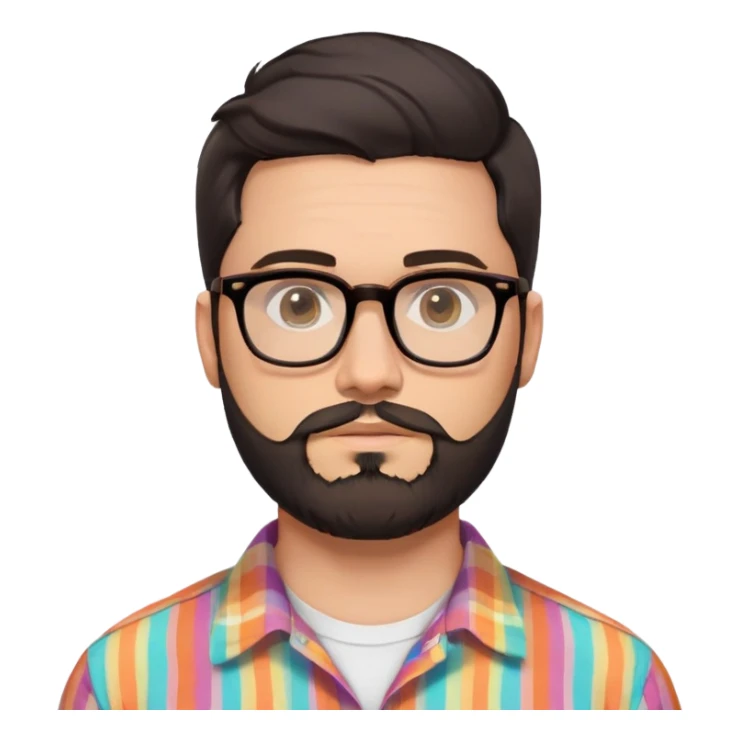 a 30-year-old man with light skin, medium solid build, wide face, soft cheeks, rounded jawline, neutral relaxed expression, short dense full beard, wavy voluminous brown-black hair at the front, large rectangular black thick frame glasses, colorful button-up shirt open showing white t-shirt sticker