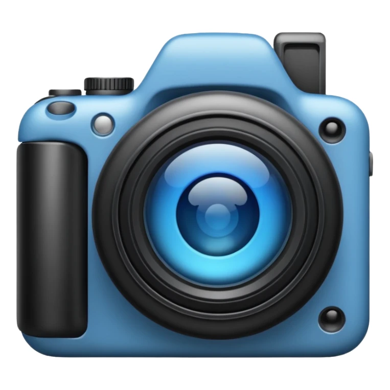A minimalistic emoji of a camera in Apple iPhone emoji style. Flat design, smooth gradients, rounded edges, soft shadows, high resolution, clean and simple look. Neutral gray and black tones with a blue lens reflection. White background, no text sticker