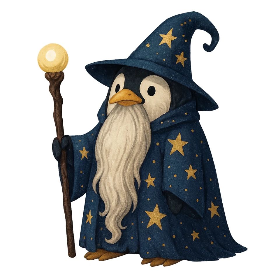 penguin wizard with a long beard and starry cloak sticker