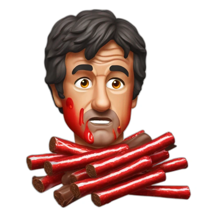 Sylvester Stallone Rambo covered in red paint eating chocolate logs sticker