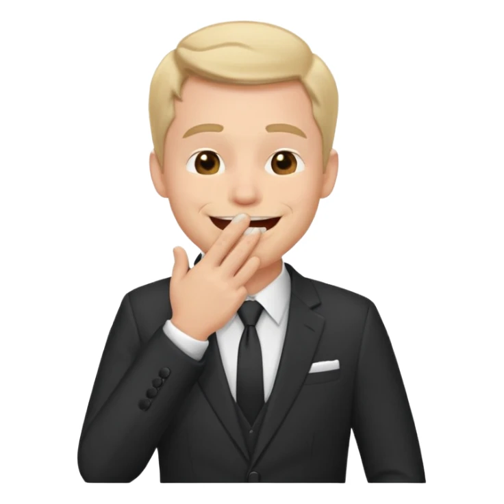 a white man in a formal suit laughs, covers his mouth with his hand sticker