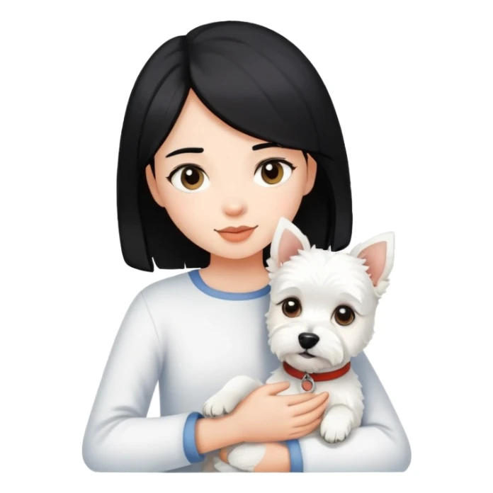 A black-haired girl holding a white terrier sticker