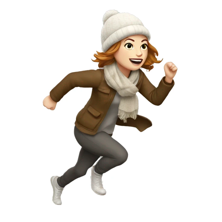Emma Stone running, with a large stride and arms outstretched, wearing an Snow Hat Scarf, long golden brown hair sticker