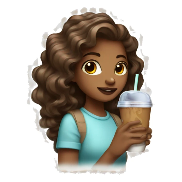 Girl drinking iced coffee with dark brown with highlights curled hair sticker