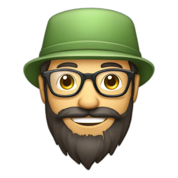 happy gardener face long dark beard and short dark hair with little transparent glasses and a hat sticker