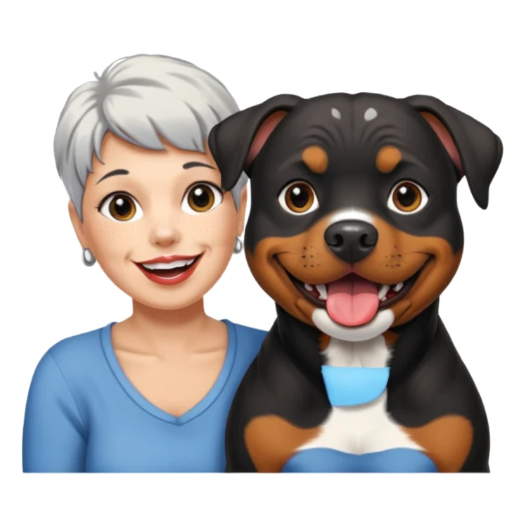 Pitt bull rottweiler white muzzle with black spots tongue out next to one older woman with short silver hair sticker