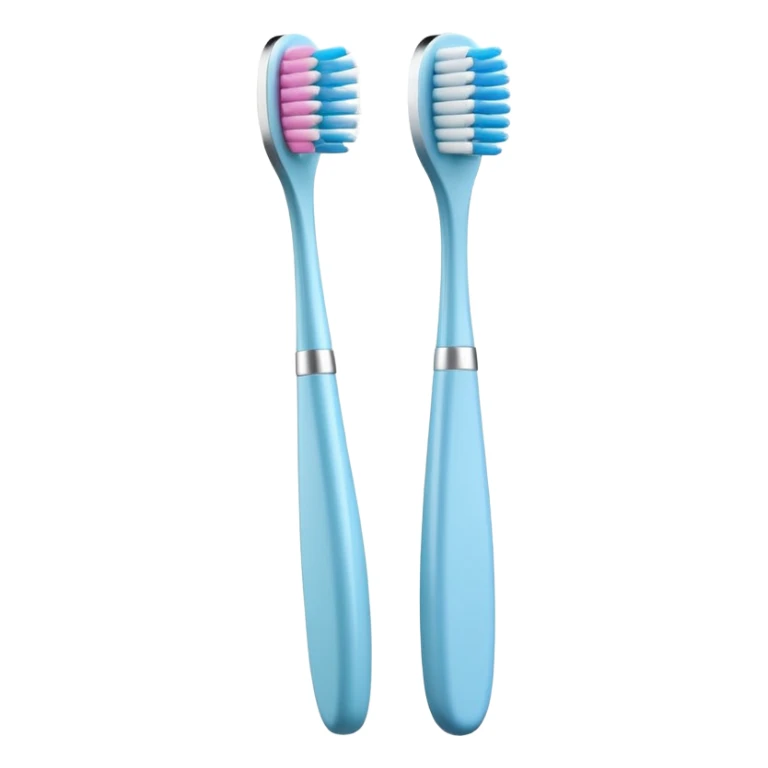 toothbrush with slim slightly curved handle, compact head, soft bristles, colorful handle white blue or pastel, bristles with shading and texture, clean 3D rendering, soft light, subtle shadow, no background objects, no anthropomorphic features, transparent background, emoji scale sticker