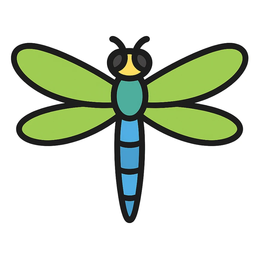 realistic dragonfly with bright green and blue wings, color outline icon style sticker