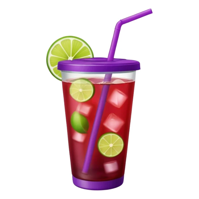 maroon purple cocktail with a lime wedge in the drink in a plastic cup with lid and straw

 sticker