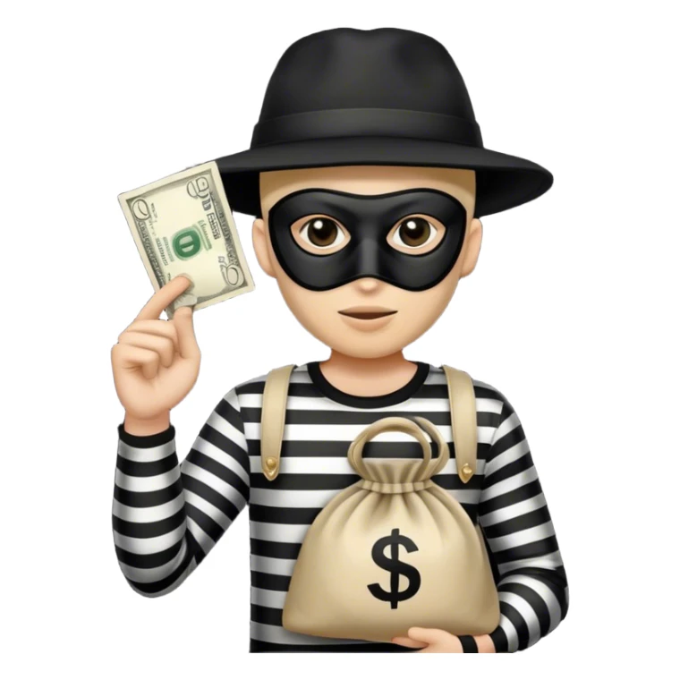 Thief with black and white stripe shirt, black hat, black mask, and beige bag with money sign on it sticker