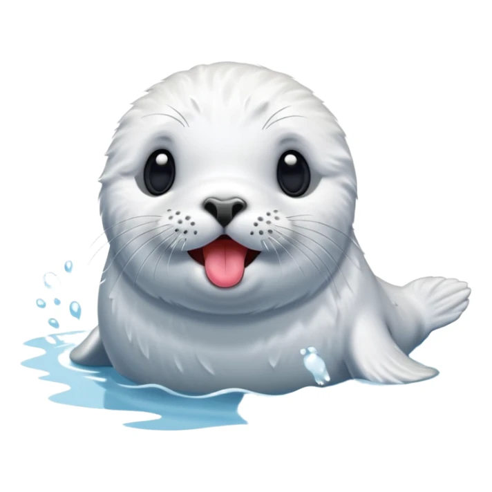 A fluffy, all-white furred, tiny seal having fun in the lake while sticking his tongue out. sticker