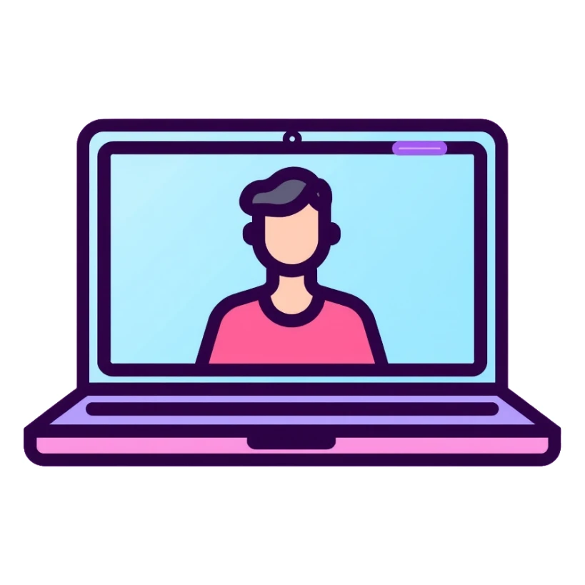 laptop computer with video call showing a person on screen, pink and light blue interface, with neon glow lines, blue neon light on top left, purple neon light on bottom right sticker