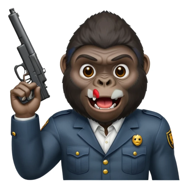 A gorilla holding a gun in the air making a silly face sticker