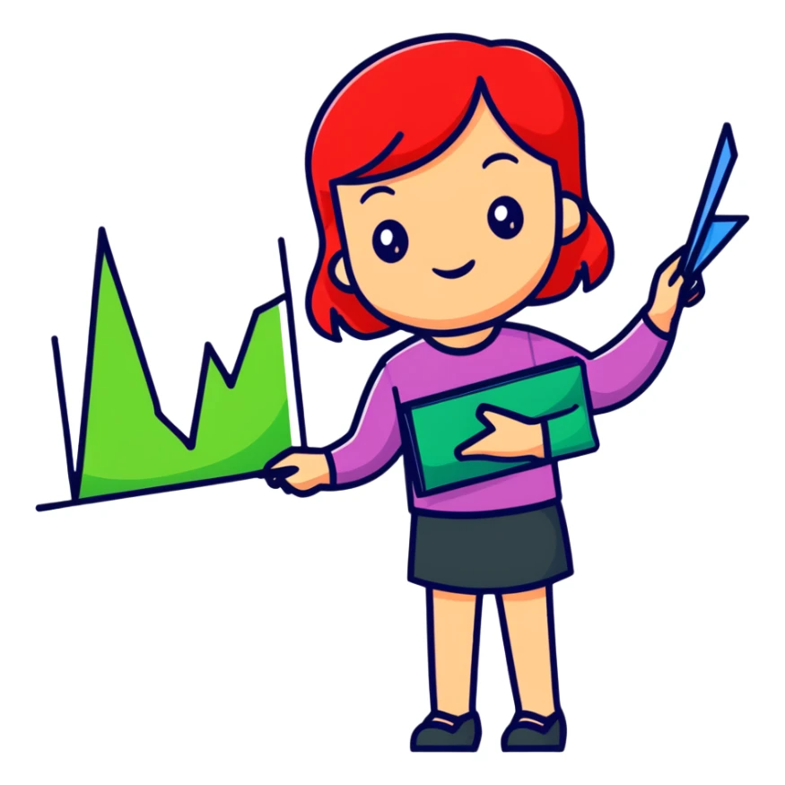Girl holding chart with rising green graph line in right hand and holding another chart with falling red graph line in left hand sticker