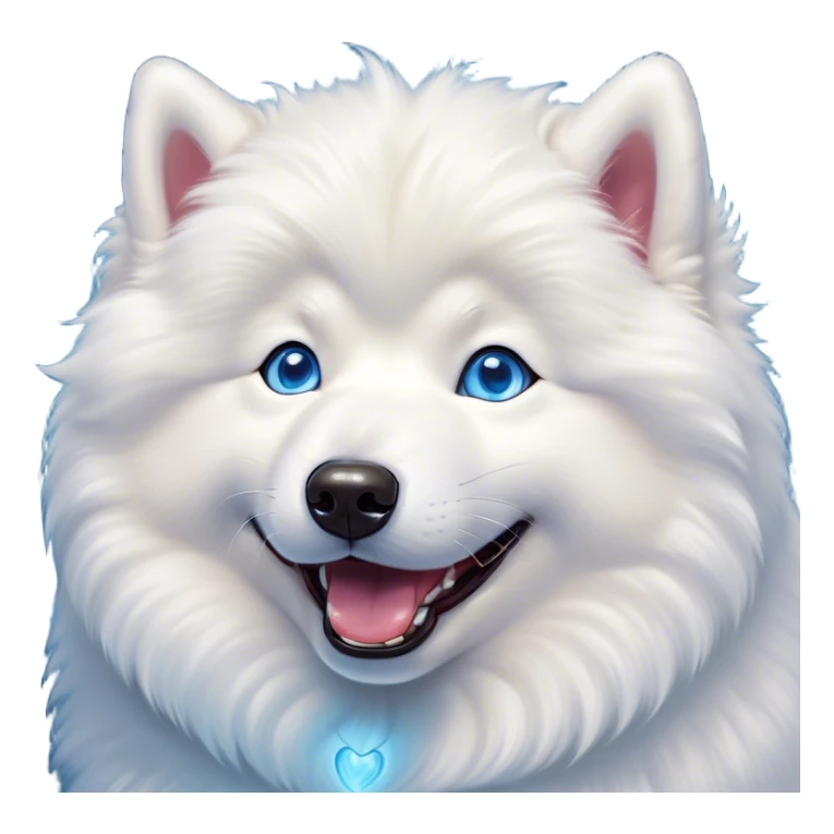 Cinematic Comical Samoyed Portrait Emoji, Head tilted dramatically with an exaggeratedly amused expression, featuring a striking, fluffy white Fur with a radiant sheen, wide, expressive blue eyes filled with playful disbelief, Simplified yet hilariously expressive features, highly detailed, glowing with a slightly sassy glow, high shine, dramatic yet playful, stylized with an air of cheeky mischief, bright and endearing, soft glowing outline, capturing the essence of a spirited and over-the-top companion, so meme-worthy it feels like it could side-eye its way into internet fame instantly! sticker