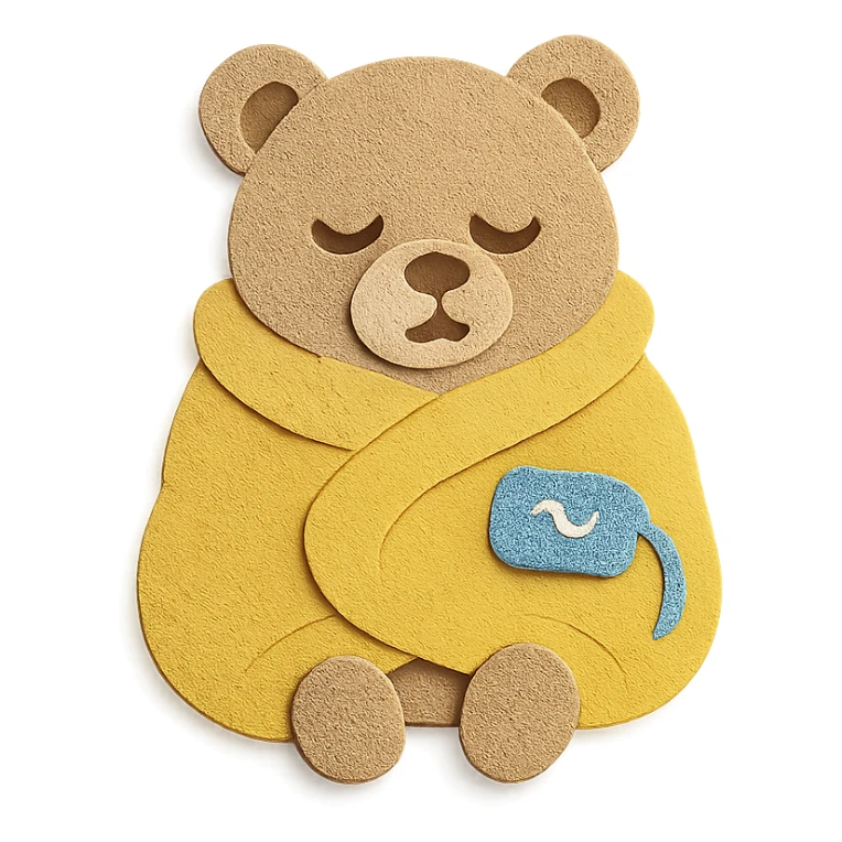 fluffy electric blanket bear wrapped around itself, sleepy face, soft beige, full-body sticker