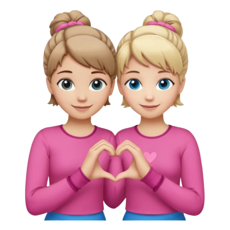 Two best friends making a heart shape with their hands together. One of them has blond hair which is shorter and the other has brown hair tied up. They are both wearing pink outfits. They both have blue eyes  sticker