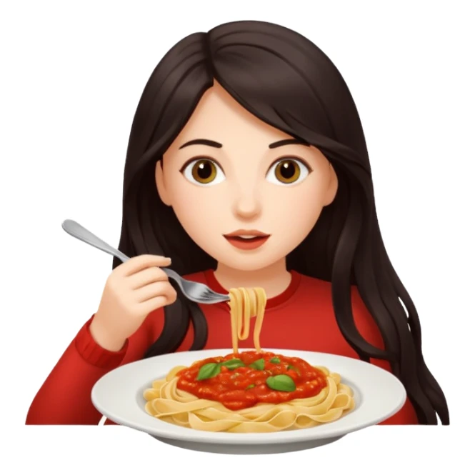 chica joven con piel clara y pelo oscuro largo comiendo un plato de pasta sticker