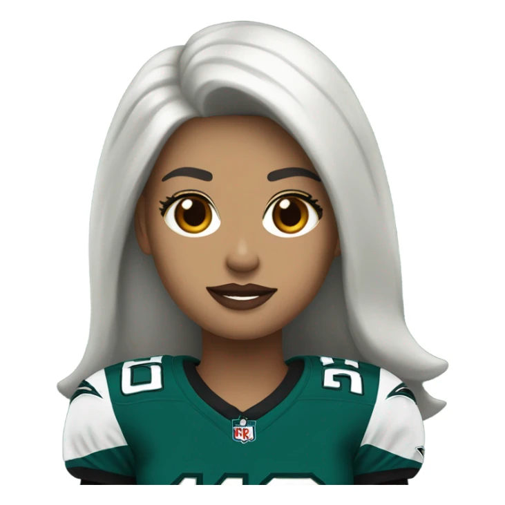 White female long dark hair red lips wearing Philadelphia Eagles jersey sticker