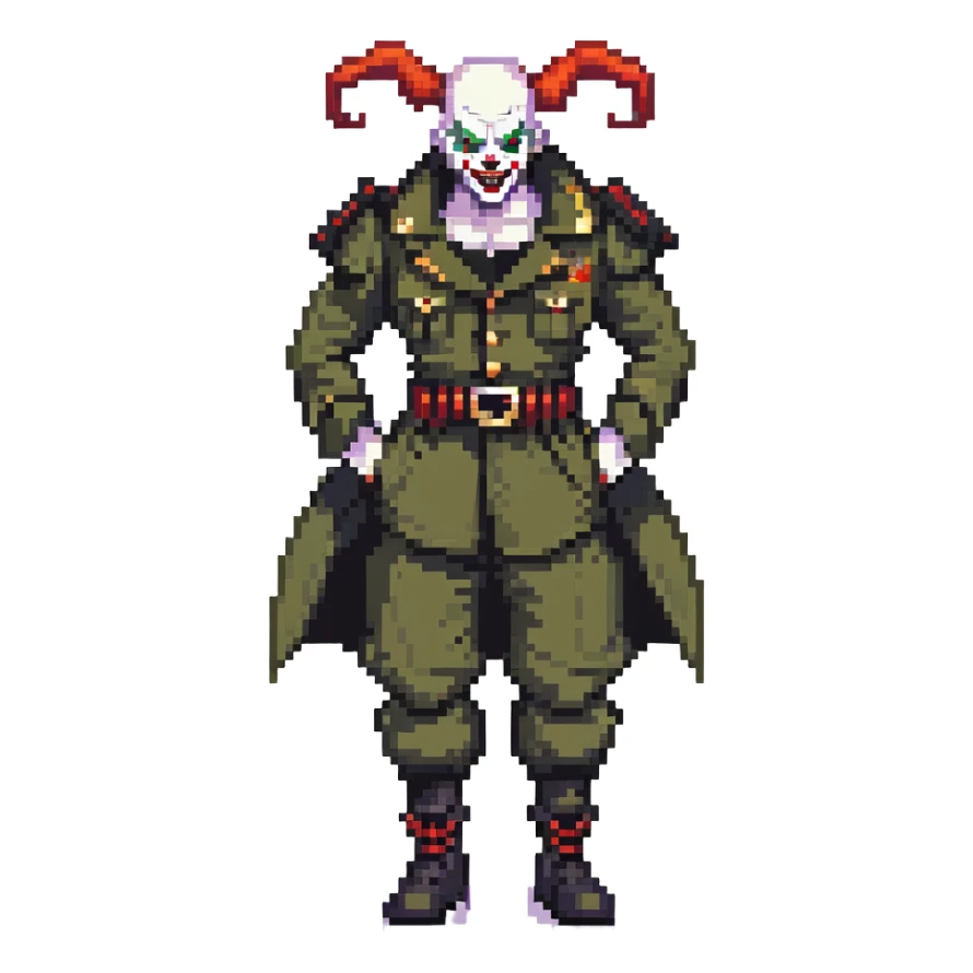 evil clown soldier, bald, small black satan horns on forehead, fangs, pointed ears, black and military green clothes with bellbottom pants, realistically proportioned, less bulky, full body, fighting stance sticker