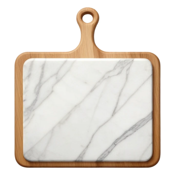 white marmor cuttingboard with a wooden grip all along the top side sticker