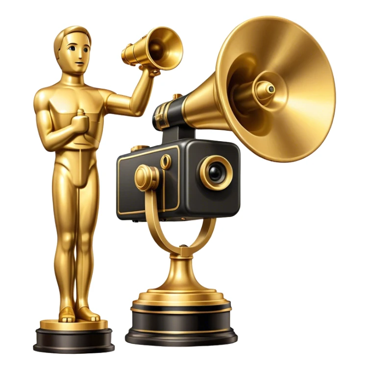 Professional icon for Directing: a cinematic collage with a film camera, a megaphone and an Oscar statuette. The icon should convey the prestige and creative mastery of directing, with a focus on film production and recognition. Transparent background. sticker