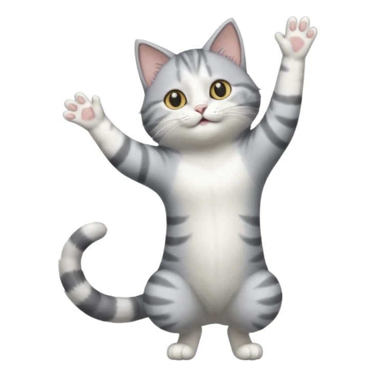 grey and white cat doing a big long stretch reaching up into the airwith arms together sticker