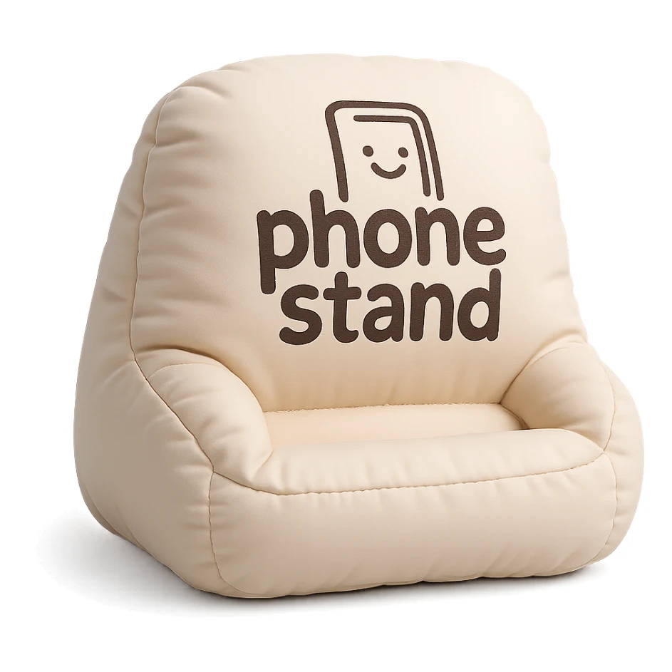 cute hand-drawn logo on a soft cushion-shaped phone stand, playful branding gadget sticker