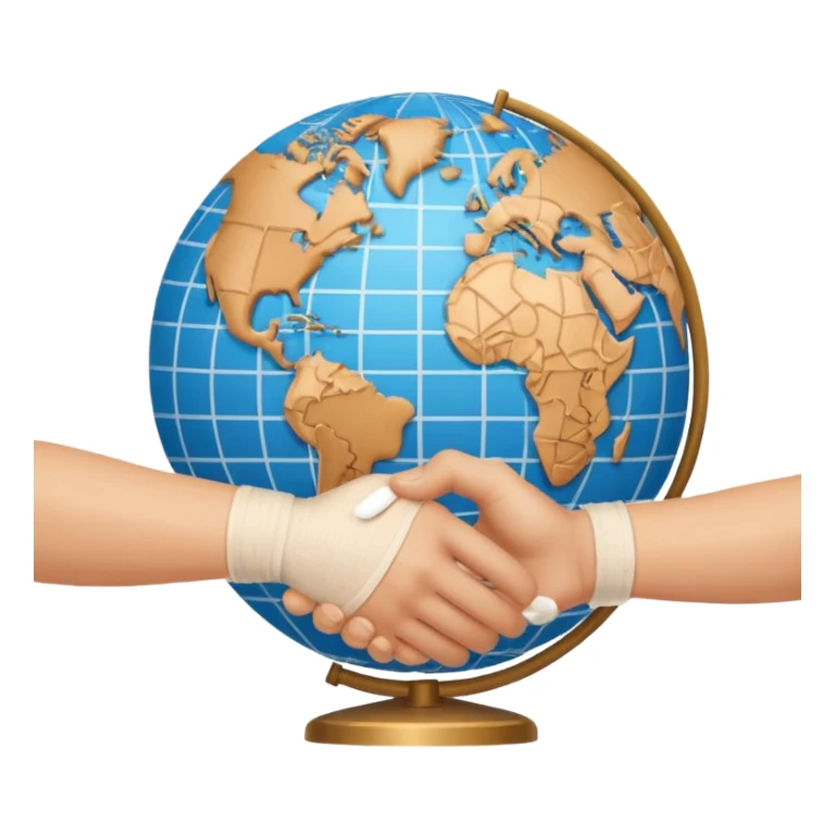 instead of two hands holding a globe, we have two hands handshaking in front of a globe. And in the background, we can see that the globe has a bandage or something. THE GLOBE HAS THE BANDAGE NOT THE HANDS sticker