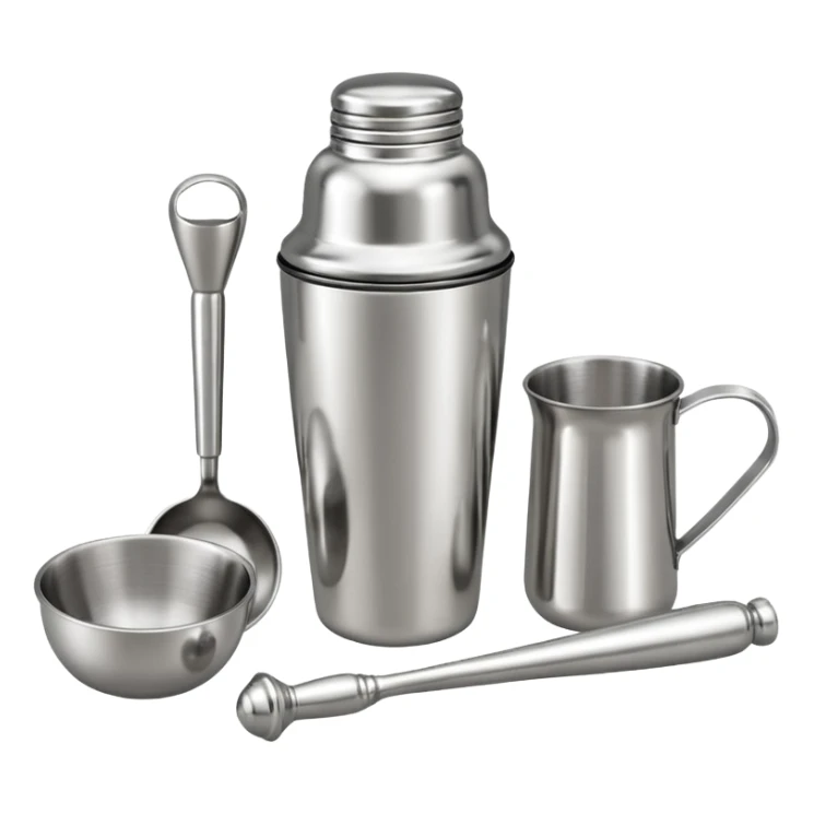 A metal shaker set including a shaker, jigger, and muddler neatly placed on the counter.
 sticker