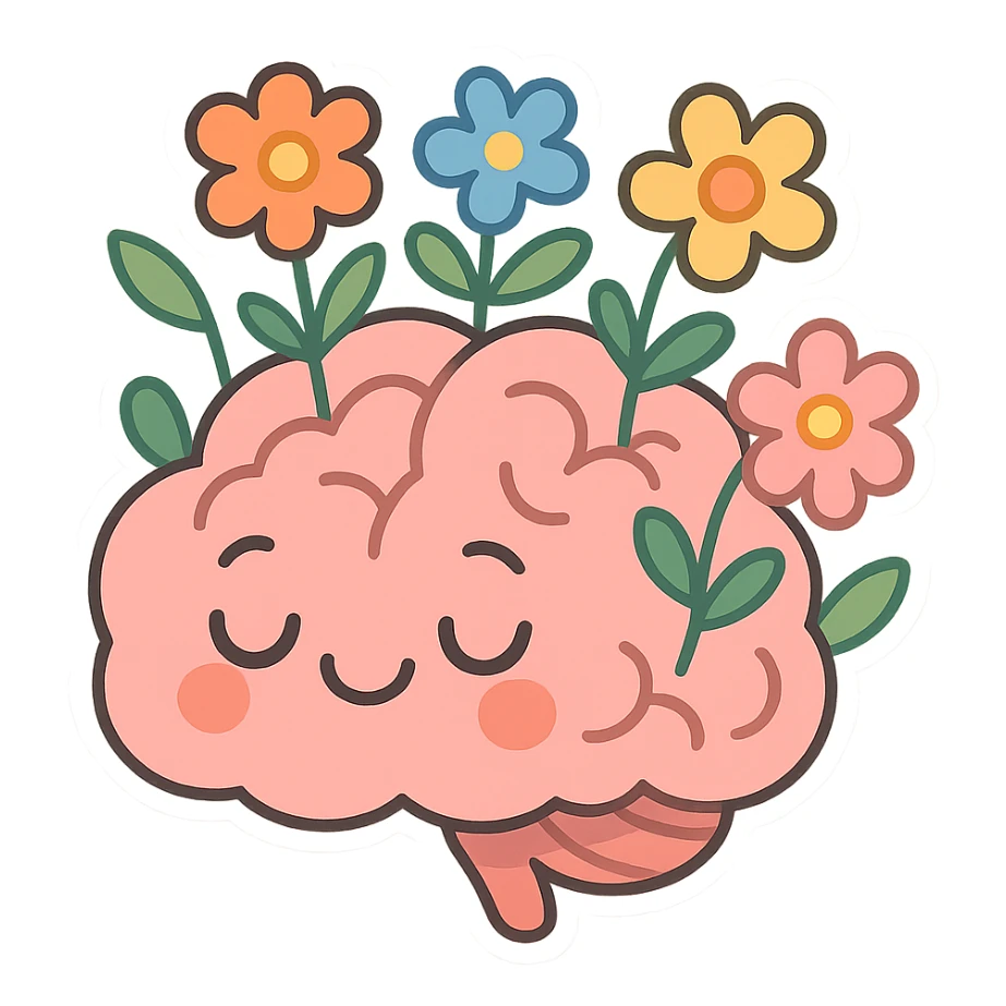 brain with blooming flowers, symbolizing harmony and mental health, pastel toon style, clear contours, soft shadows and highlights, transparent background, white outline sticker