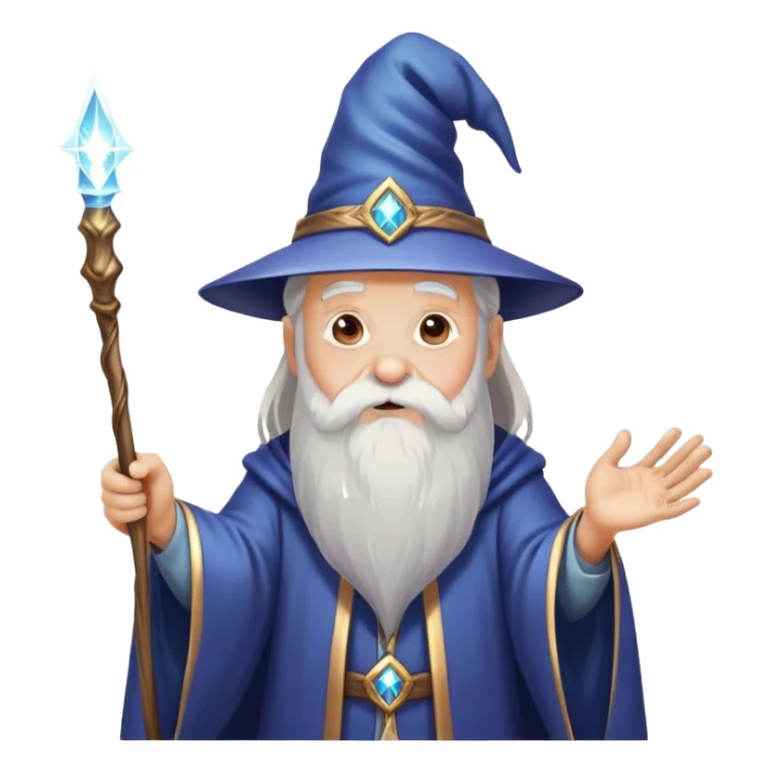 old man wizard with a beard casting a spell with a wand with sparkles and magic sticker