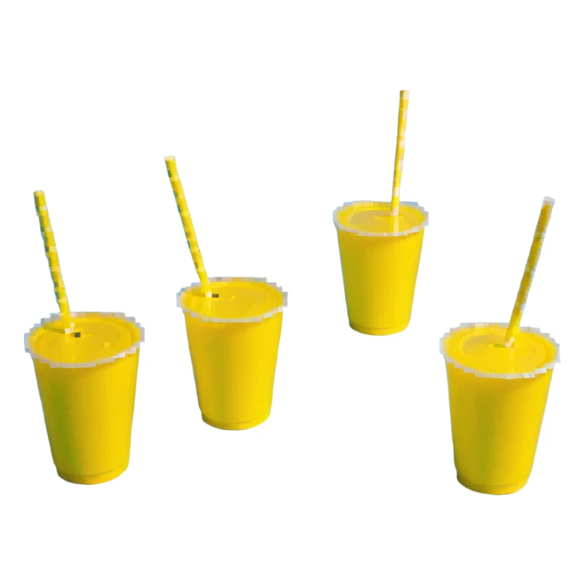 napkins, soda straws, yellow disposable cup sticker