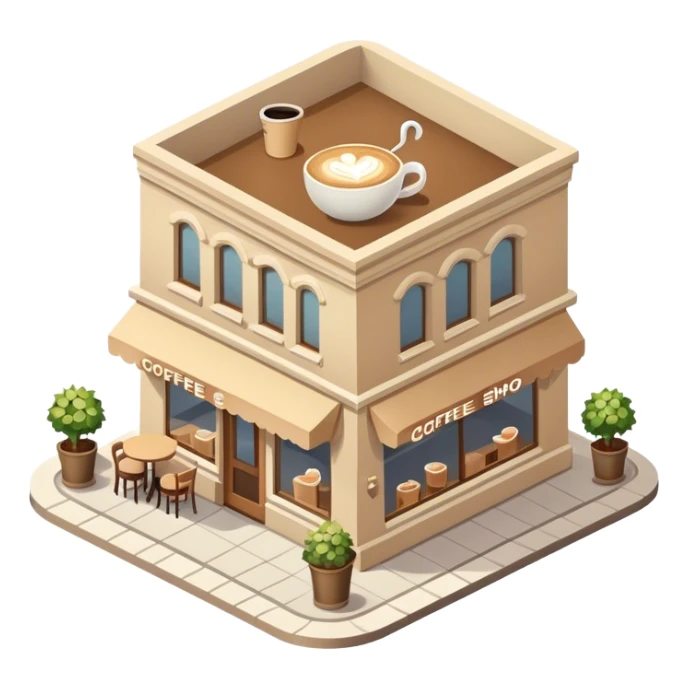 beige coffee shop, isometric exterior view sticker