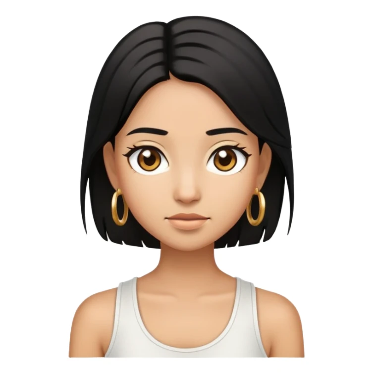 Create an ios iphone emoji of a girl with black straight layered hair with dark brown eyes and wearing a white tank top and wearing small gold hoop earings sticker