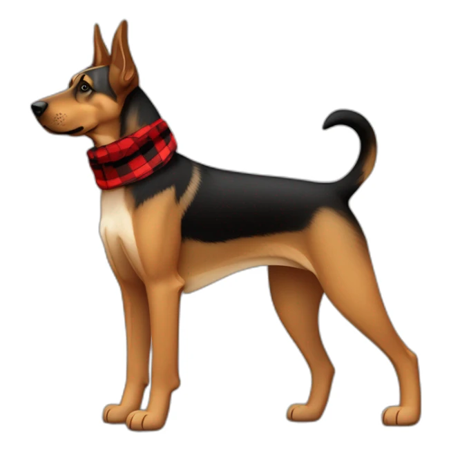 75% Coonhound 25% German Shepherd mix dog wearing small pointed red buffalo plaid bandana side view full body facing left sticker