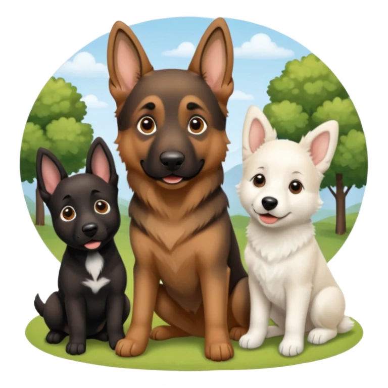 three dogs, one bigger, a brown german shepard, a little black dog we don't know it's race and a baby white suiz shepherd  sticker